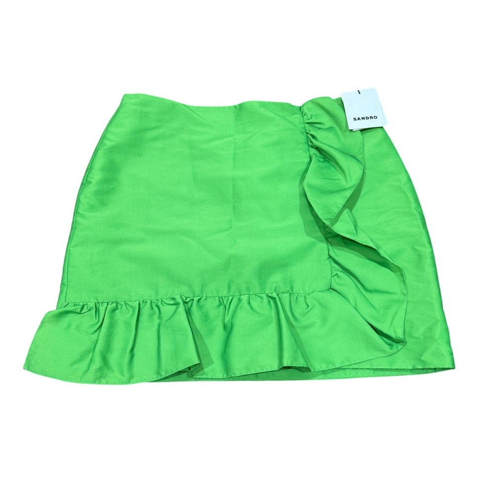 Sandro Marlene Green Ruffled Mini Skirt Vert Fluo FR 40 US 8 NWT Party Cocktail - Picture 2 of 12